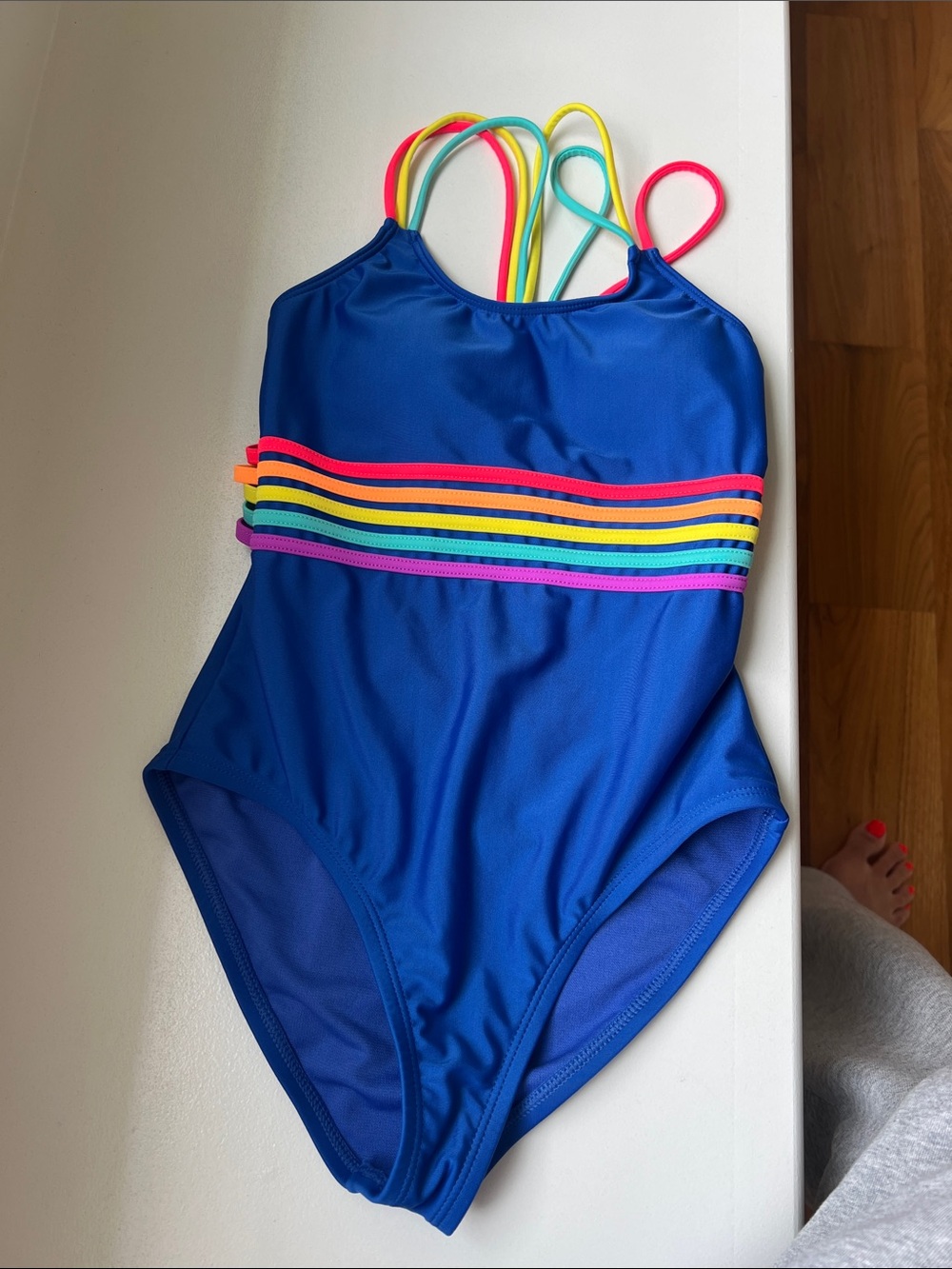 Hobie Blue Girls' One-Piece Swimsuit with Rainbow Straps